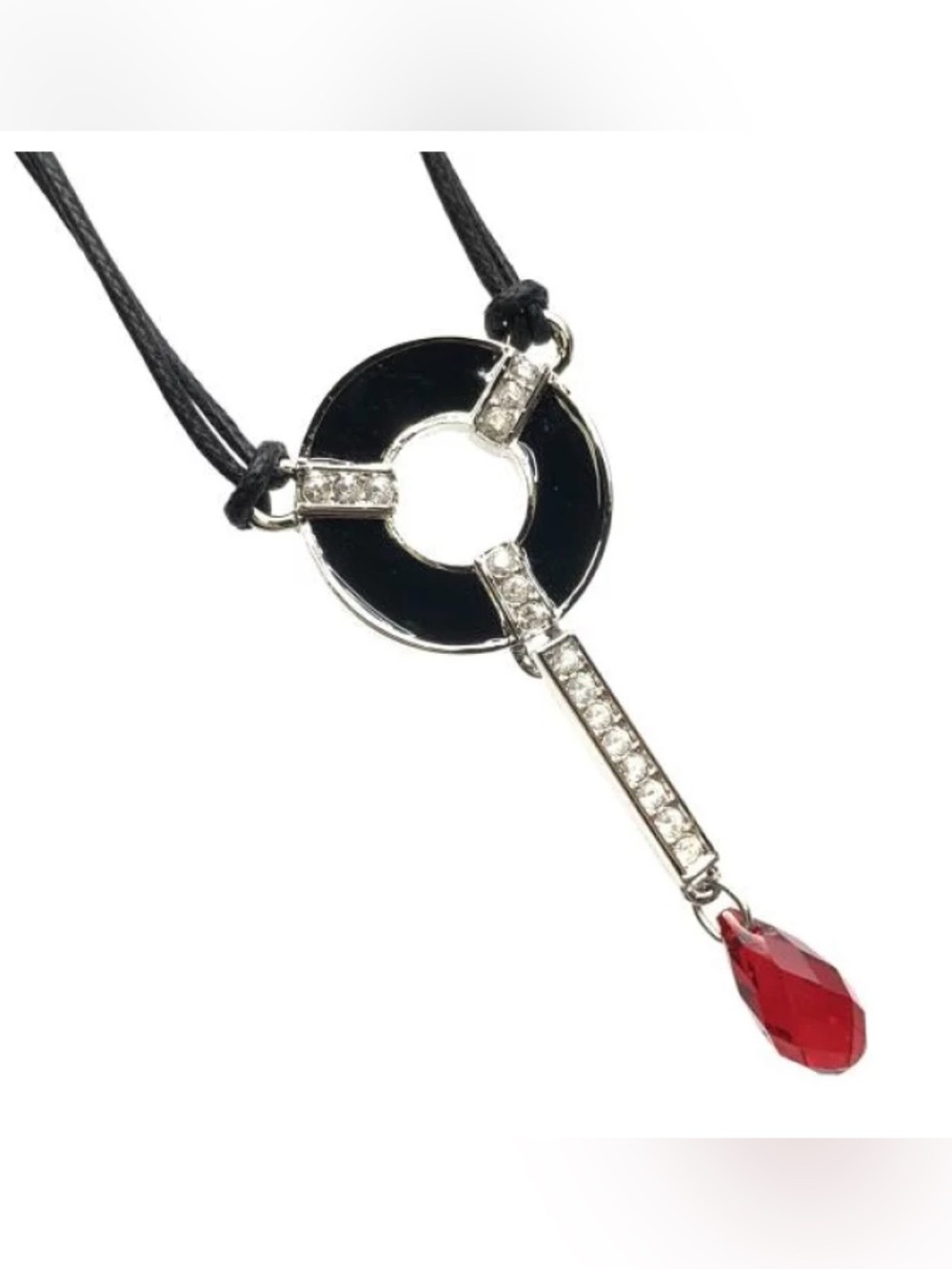 Swarovski Black Enamel Ring Necklace with Red Teardrop Crystal